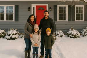 Family in front of a house